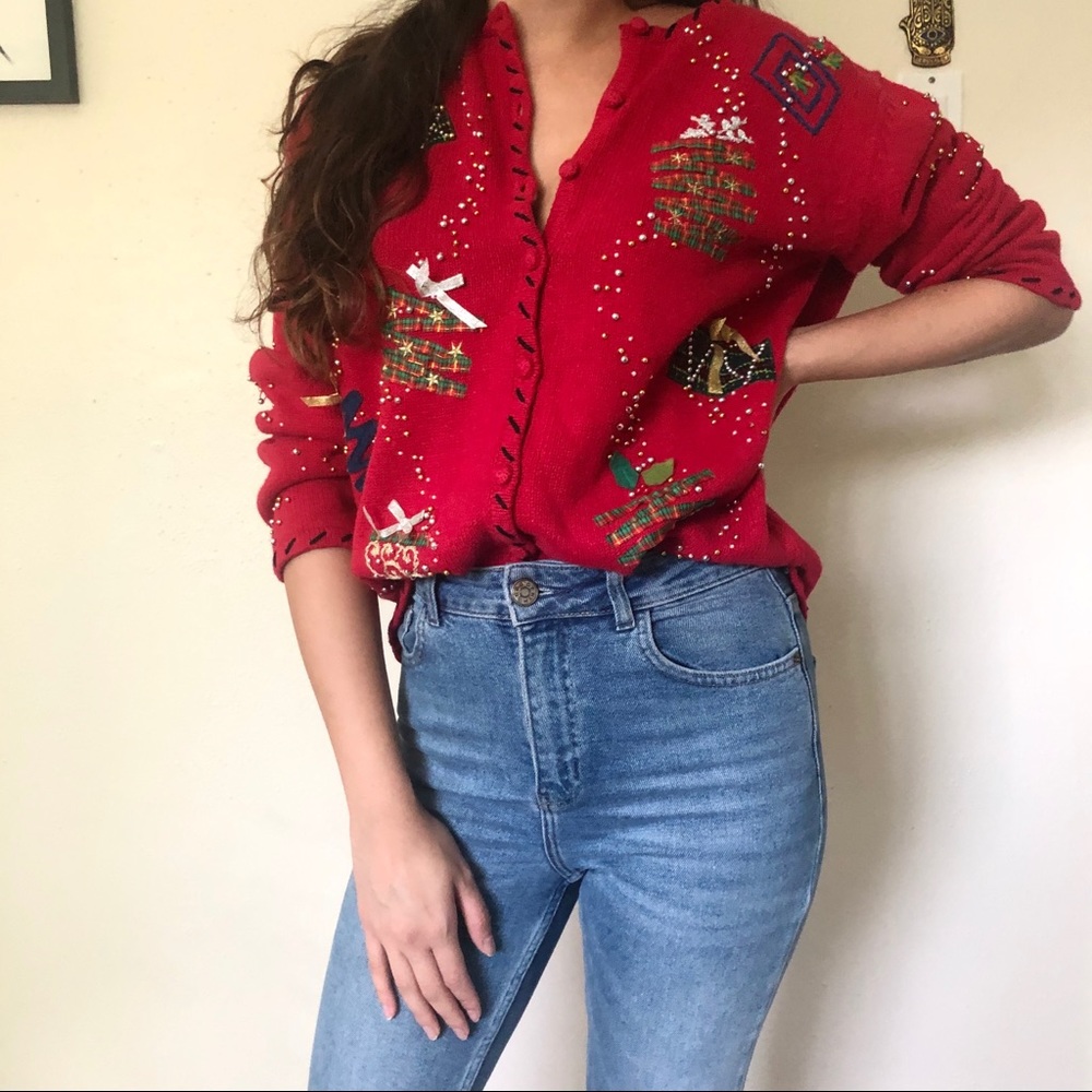Vintage Christmas Present Knit Red Cardigan
